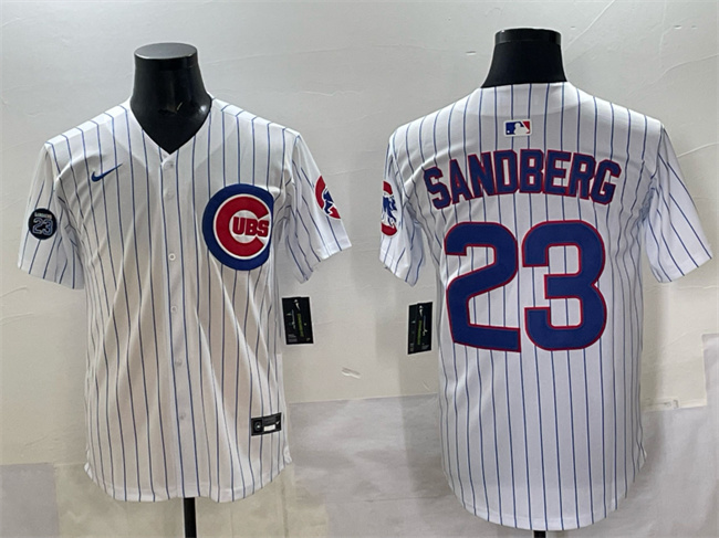 Men's Chicago Cubs #23 Ryne Sandberg White Pinstripe 'Ryne Sandberg Tribute' Vapor Limited V2 Stitched Baseball Jersey Men's Chicago Cubs #23 Ryne Sandberg White Pinstripe 'Ryne Sandberg Tribute' Vapor Limited V2 Stitched Baseball Jersey